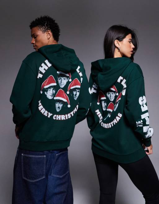 ASOS DESIGN – Unisex-Kapuzenpullover im Relaxed Fit in Dunkelgrün mit „Beatles Christmas“-Print, 2 von 4