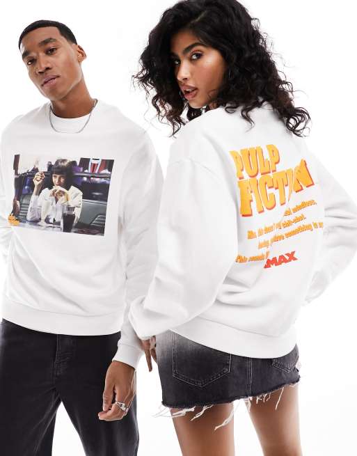 ASOS DESIGN unisex licence oversized sweatshirt with Pulp Fiction graphics in white