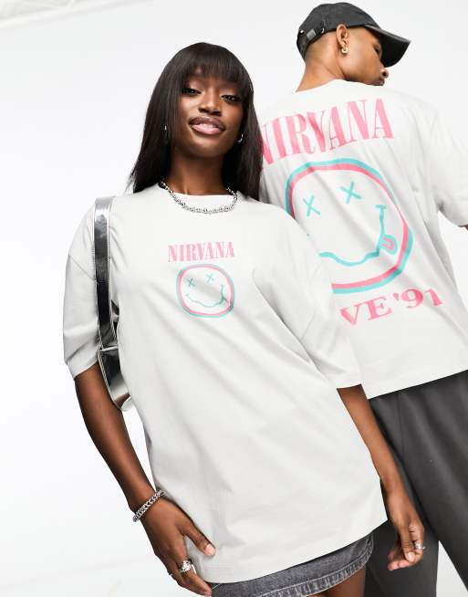 ASOS DESIGN unisex license oversized graphic tee in light gray with Nirvana  prints