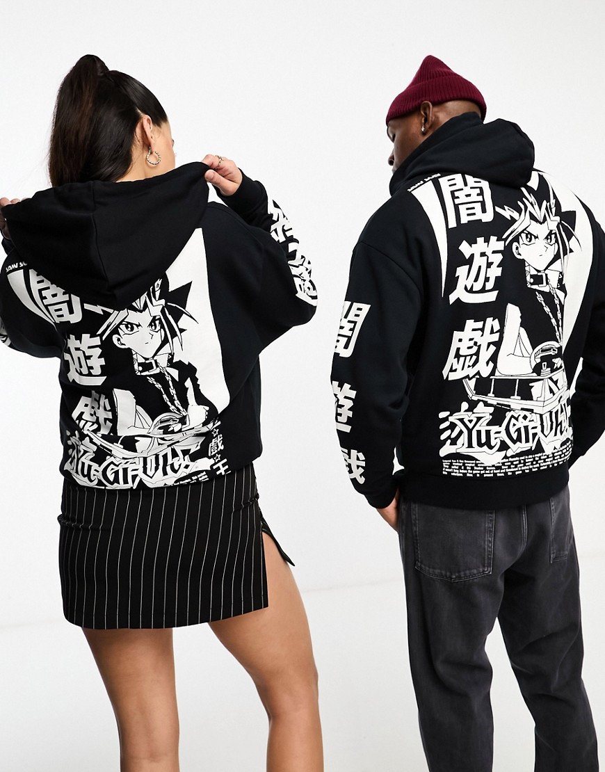 ASOS DESIGN unisex license oversized hoodie with Yu-Gi-Oh prints in black and white