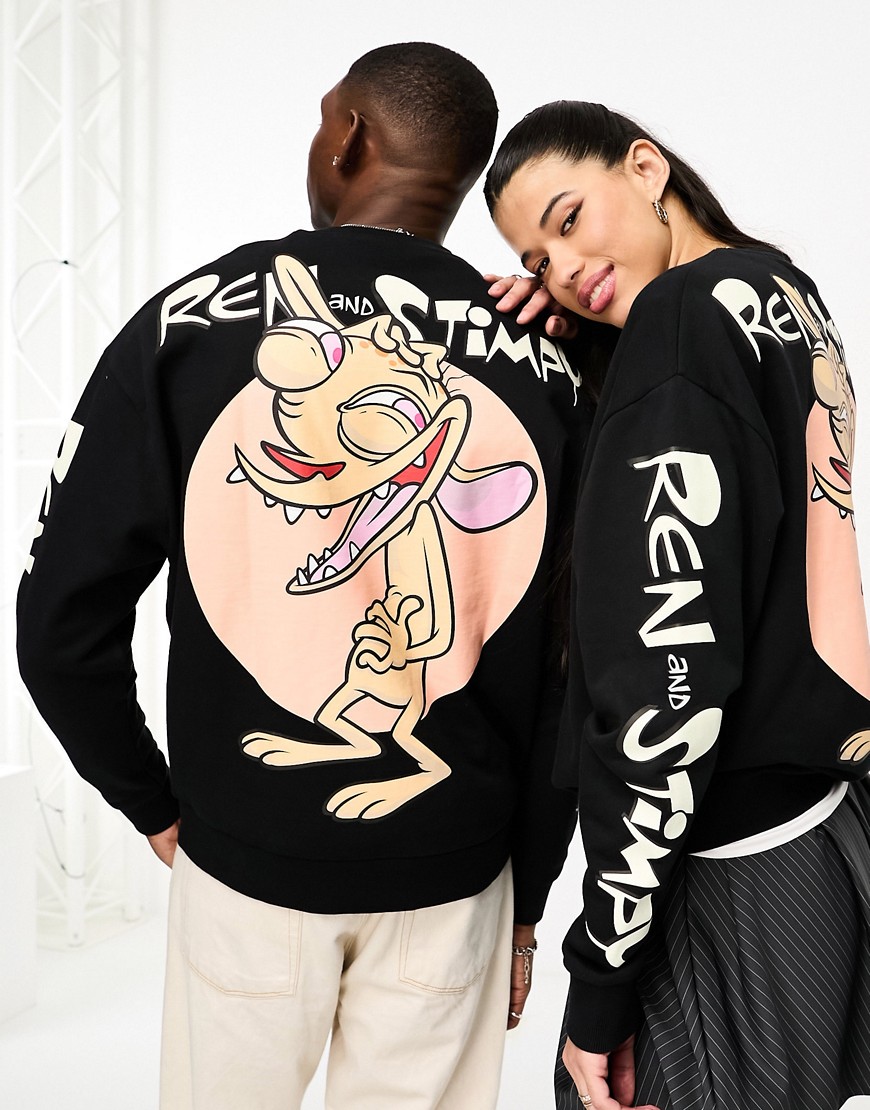 ASOS DESIGN unisex license oversized sweatshirt with Ren and Stimpy prints in black