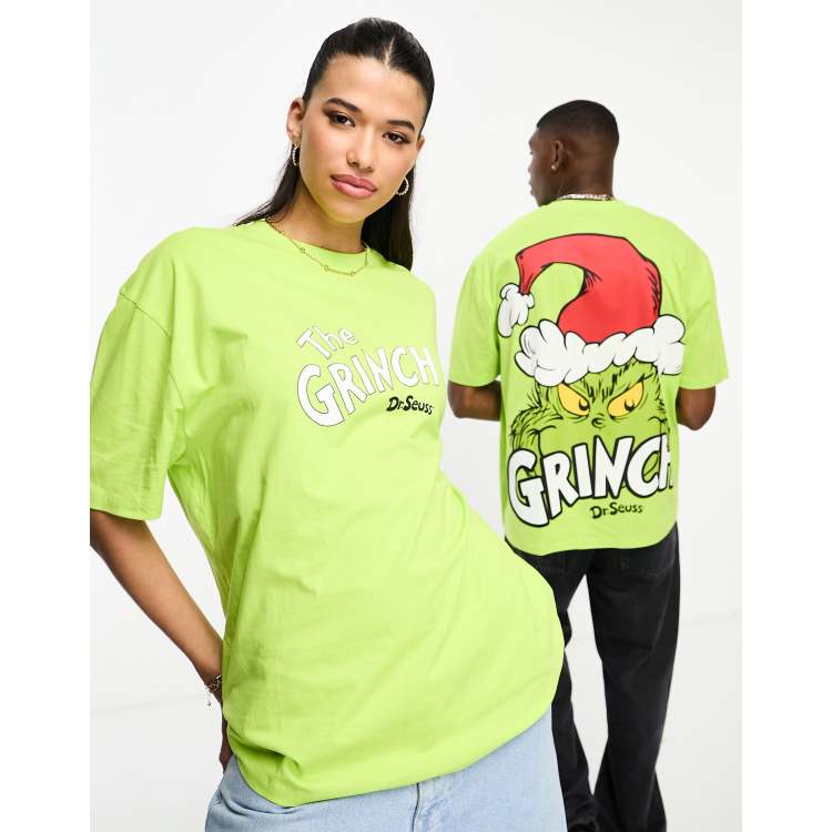 ASOS DESIGN unisex license oversized t shirt in green with The Grinch Christmas prints