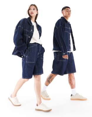 unisex long length denim jorts with contrast stitching in rinse wash blue