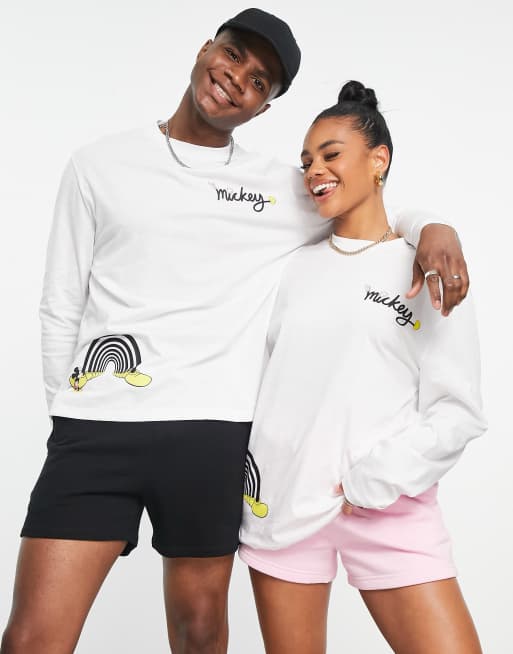 ASOS DESIGN unisex long sleeve t-shirt with Disney Mickey Mouse prints in  white