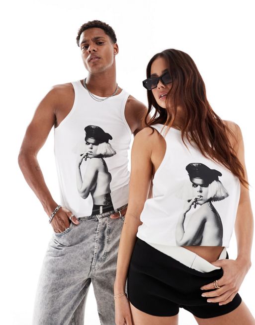  ASOS DESIGN unisex muscle fit license vest with Lady Gaga The Fame Monster prints in white