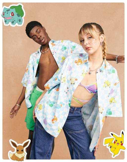 ASOS DESIGN Unisex – Niebieska koszula o pudełkowym kroju oversize we wzór w szachownicę z motywem Pokemonów