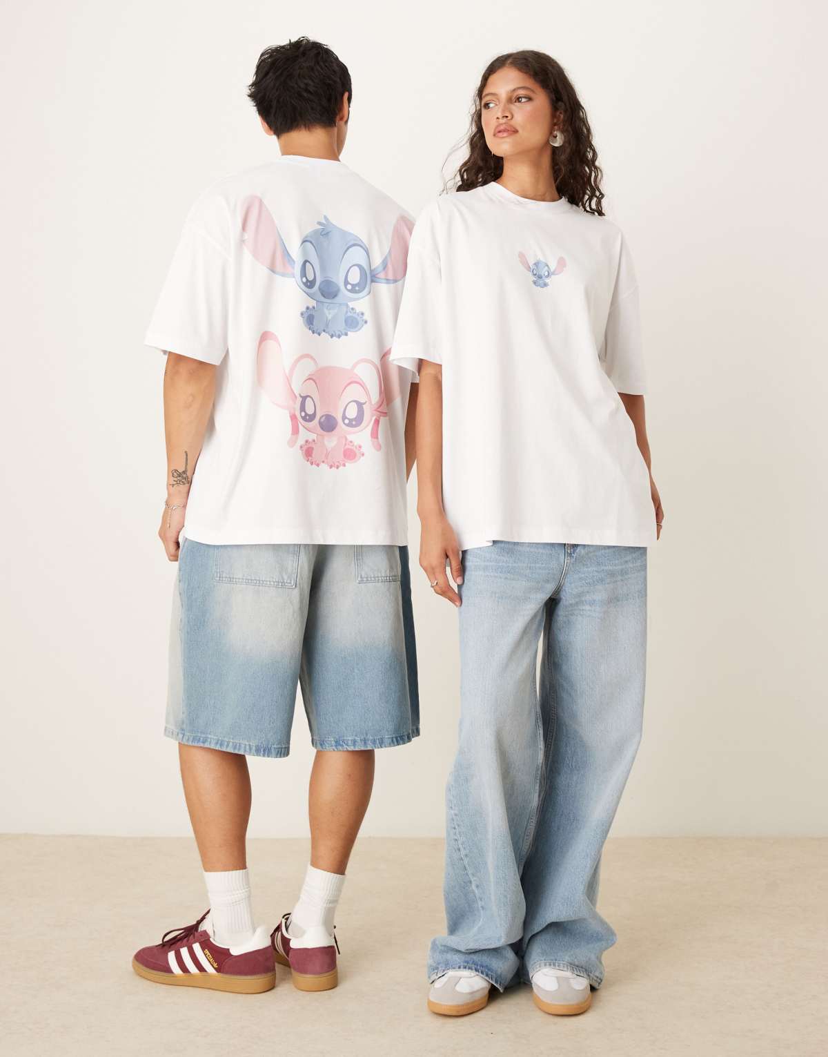 ASOS DESIGN unisex oversize Disney t-shirt with Stich and Angel prints in white