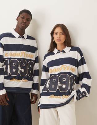 Asos Design Unisex Oversize Long Sleeve Polo With Goodyear Print In Blue