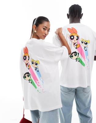 ASOS DESIGN - Unisex-Oversize-T-Shirt in Rosa mit Powerpuff Girls-Print-Weiß