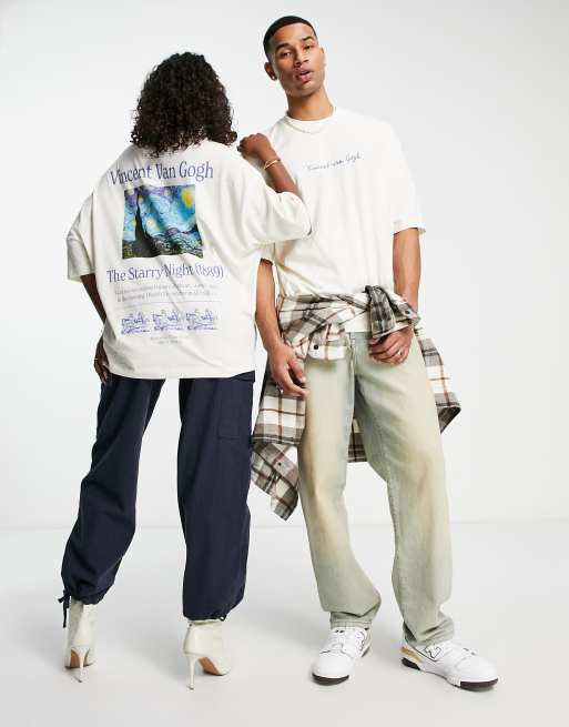 ASOS DESIGN – Unisex-Oversize-T-Shirt in Steinbeige mit lizenzierten „Van Gogh“-Prints