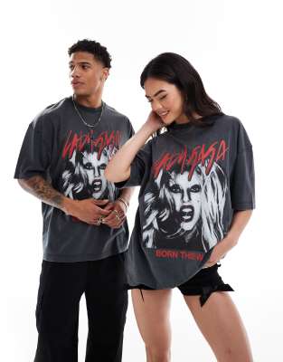 ASOS DESIGN - Unisex - Oversize-T-Shirt in verwaschenem Schwarz mit „Born This Way"-Aufdruck von Lady Gaga