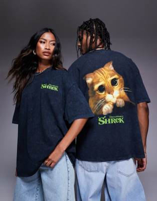 ASOS DESIGN - Unisex - Oversize-T-Shirt in verwaschenem Schwarz mit Gestiefelter Kater aus Shrek -Print