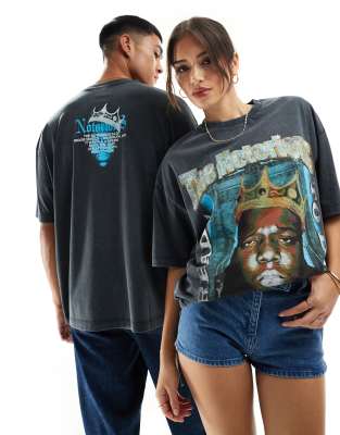 ASOS DESIGN - Unisex - Oversize-T-Shirt in verwaschenem Schwarz mit lizenzierten „Biggie Smalls"-Grafikprints