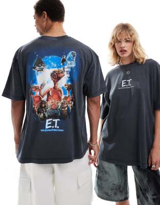 ASOS DESIGN - Unisex - Oversize-T-Shirt in verwaschenem Schwarz mit lizenzierten „E.T."-Grafikprints