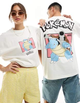 ASOS DESIGN - Unisex - Oversize-T-Shirt in Wollweiß mit lizenzierten Pokémon-Blastoise-Grafikprints