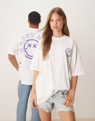 Asos Design Unisex Oversize T-shirt With Blue Smile Print In White