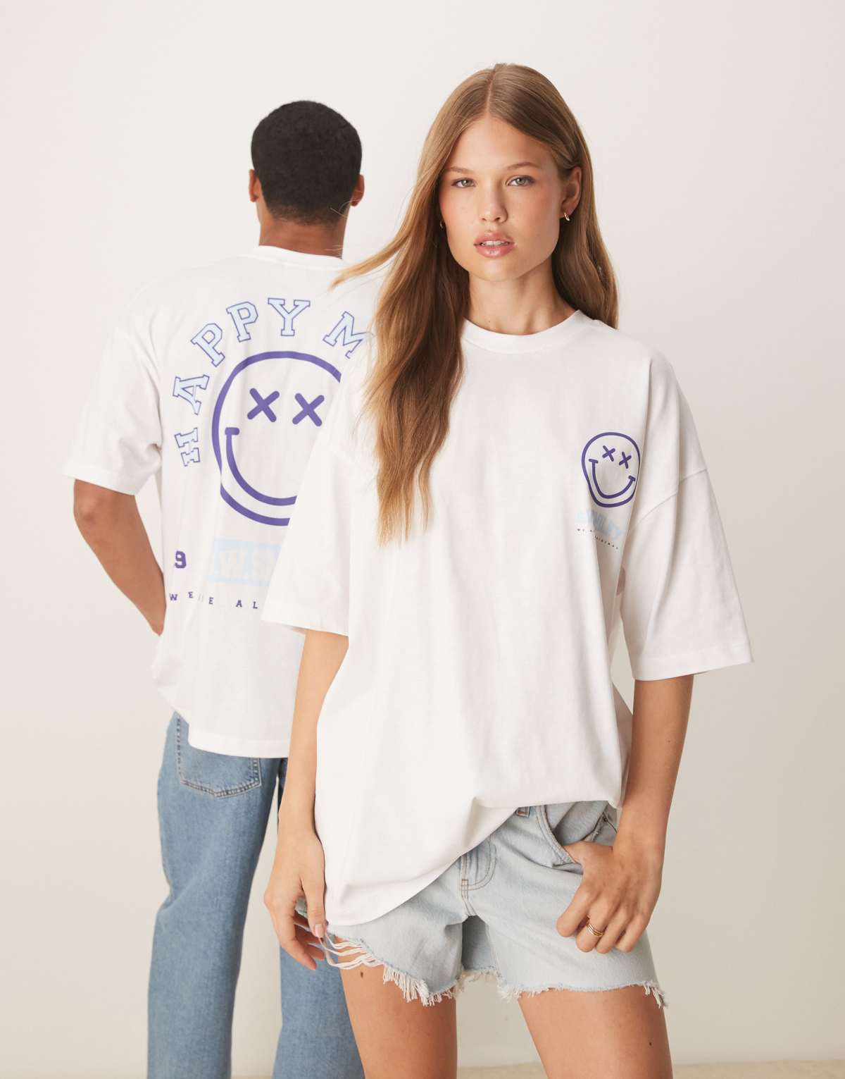 ASOS DESIGN unisex oversize t-shirt with blue Smile print in white