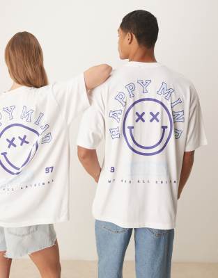 Asos Design Unisex Oversize T-shirt With Blue Smile Print In White