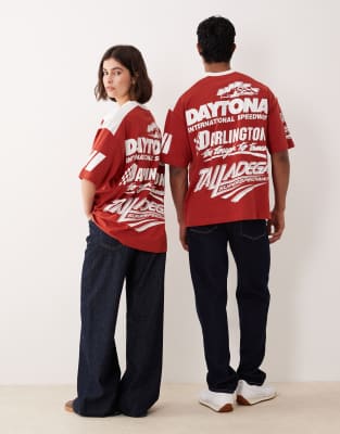 Asos Design Unisex Oversize T-shirt With Nascar Puff Print In Red