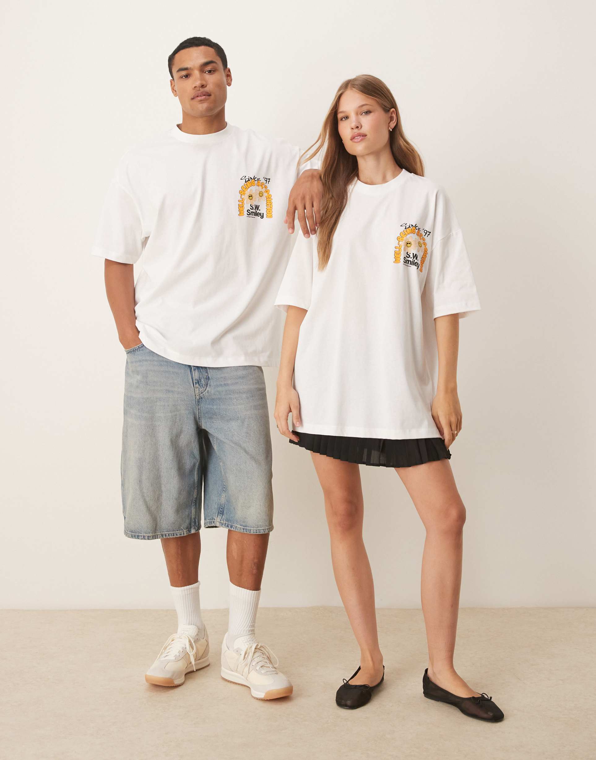 asos design unisex oversize t-shirt with orange smile print in white