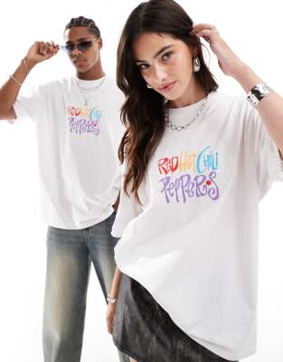 Asos Design Unisex Oversized Band T-shirt With Red Hot Chili Peppers Prints In White