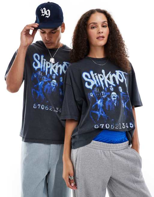 ASOS DESIGN unisex oversized band T shirt with Slipknot graphic prints in washed black