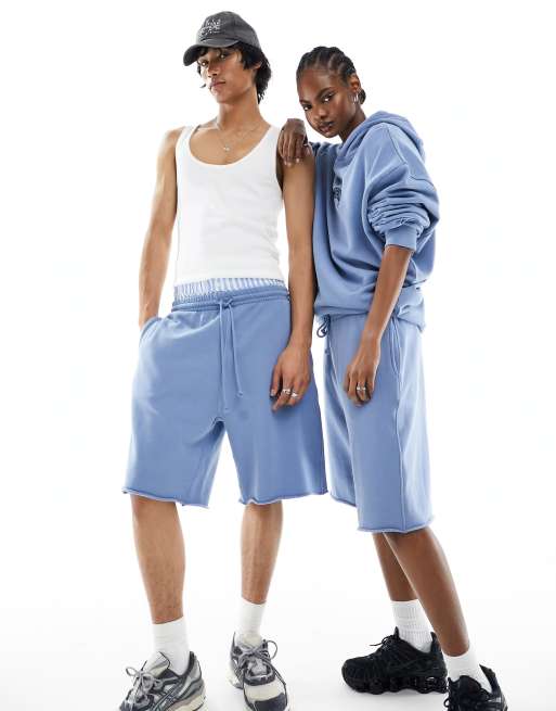 ASOS DESIGN unisex oversized bermuda shorts with raw hem in washed denim blue - part of a set
