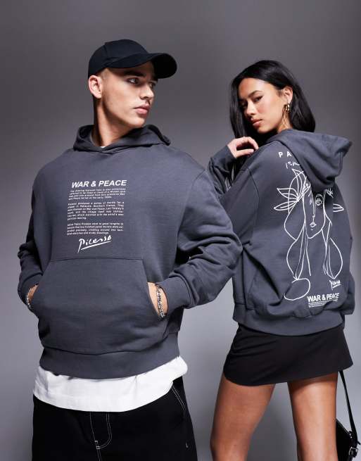 ASOS DESIGN unisex oversized boxy hoodie with Picasso line drawing prints in charcoal