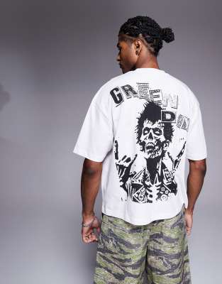 Asos Design Unisex Oversized Boxy T-shirt With Green Day Prints In White