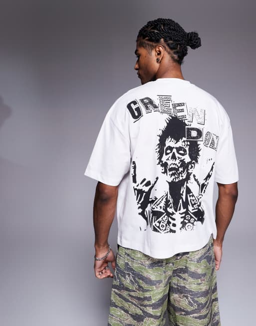 ASOS DESIGN Unisex oversized boxy t-shirt with Green Day prints in white
