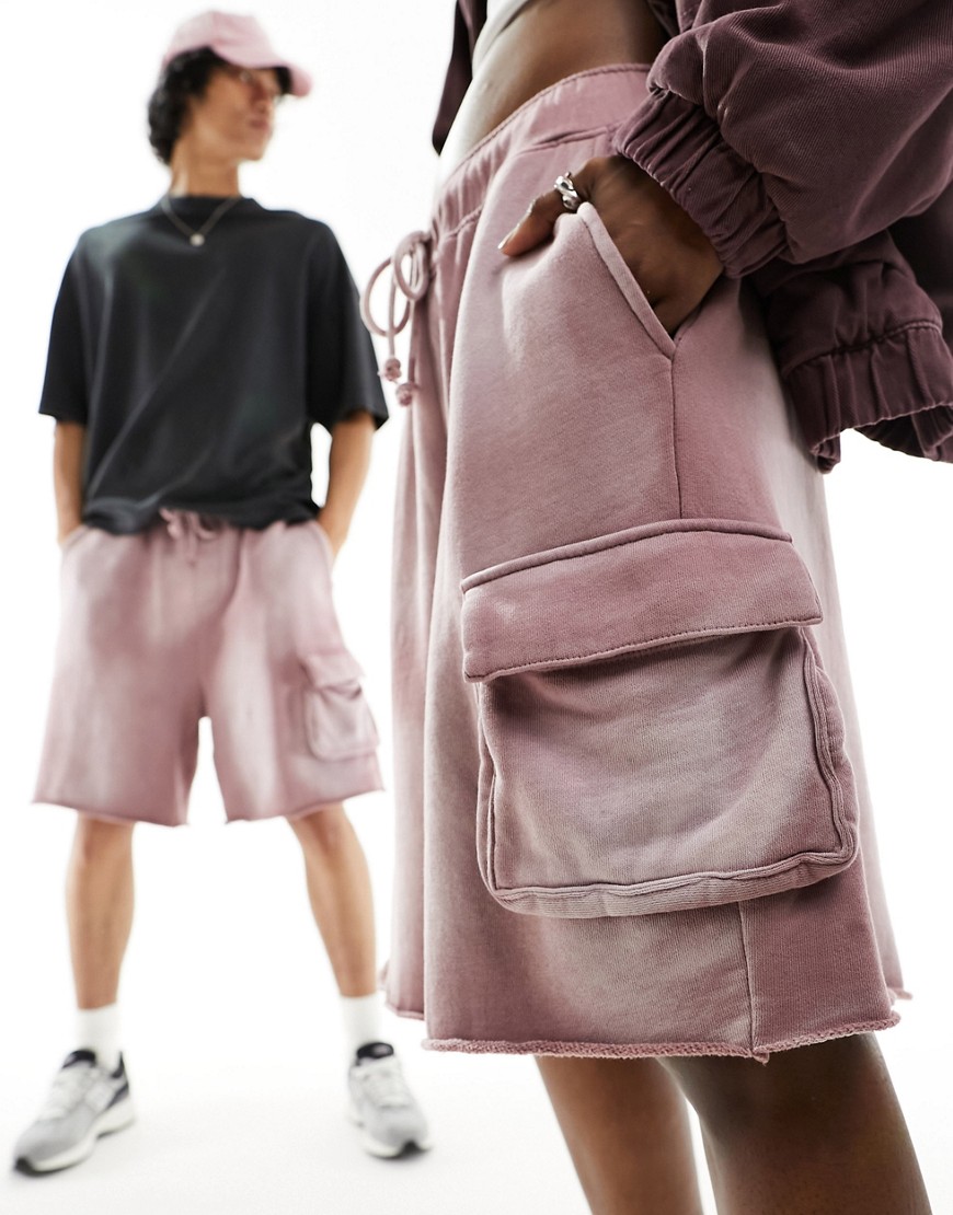 unisex oversized cargo shorts with raw hem in washed burgundy-Red