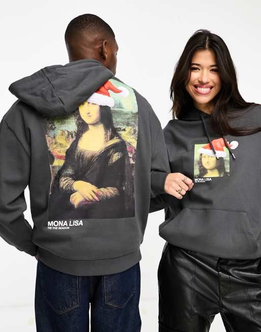 ASOS DESIGN unisex oversized Christmas hoodie in charcoal with Santa hat  Mona Lisa print