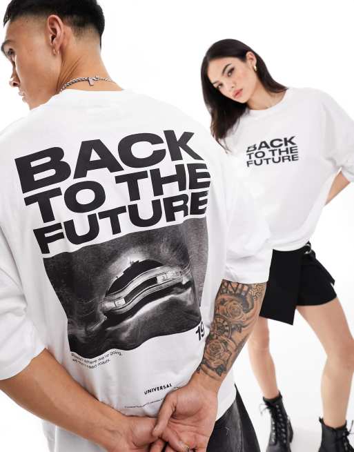 ASOS DESIGN unisex oversized graphic licence tee in white with Back to the Future prints