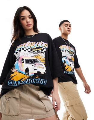 ASOS DESIGN unisex oversized graphic license tee in black with Nascar print