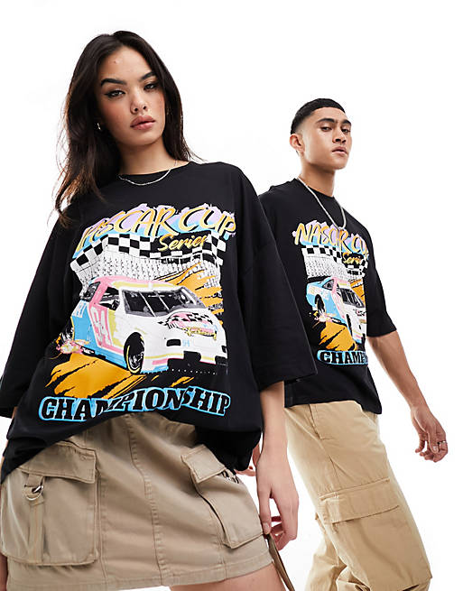 ASOS DESIGN unisex oversized graphic license tee in black with Nascar ...