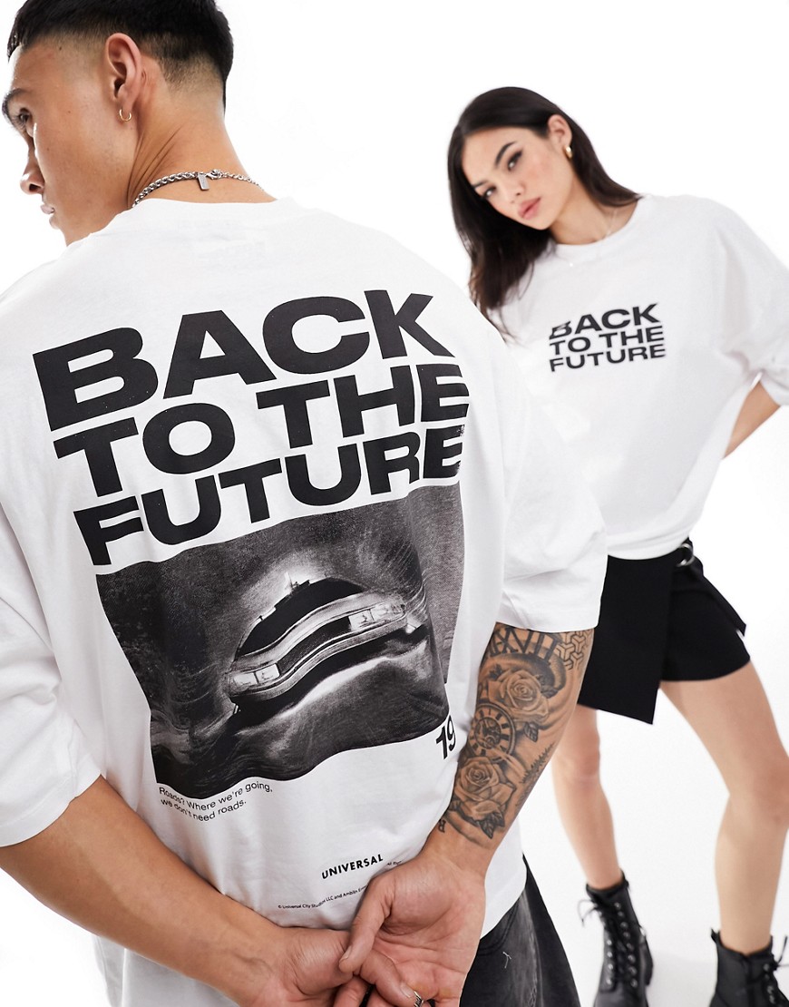 ASOS DESIGN unisex oversized graphic license tee in white with Back To The Future prints