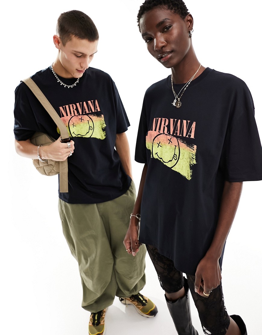Asos Design Unisex Oversized Graphic T-shirt In Black With Nirvana Prints