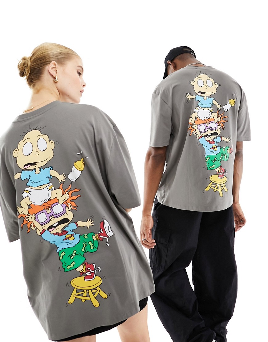 ASOS DESIGN unisex oversized graphic tee with Rugrats back print in charcoal-Grey