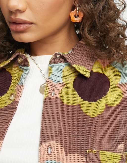 ASOS DESIGN – Unisex – Oversized-Hemd im Stil der 90er aus Cord mit Blumenmuster im Stil der 70er , 3 von 4