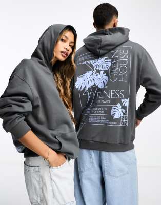 Asos Design Unisex Oversized Hoodie In Gray With Floral Photographic Back Print-black