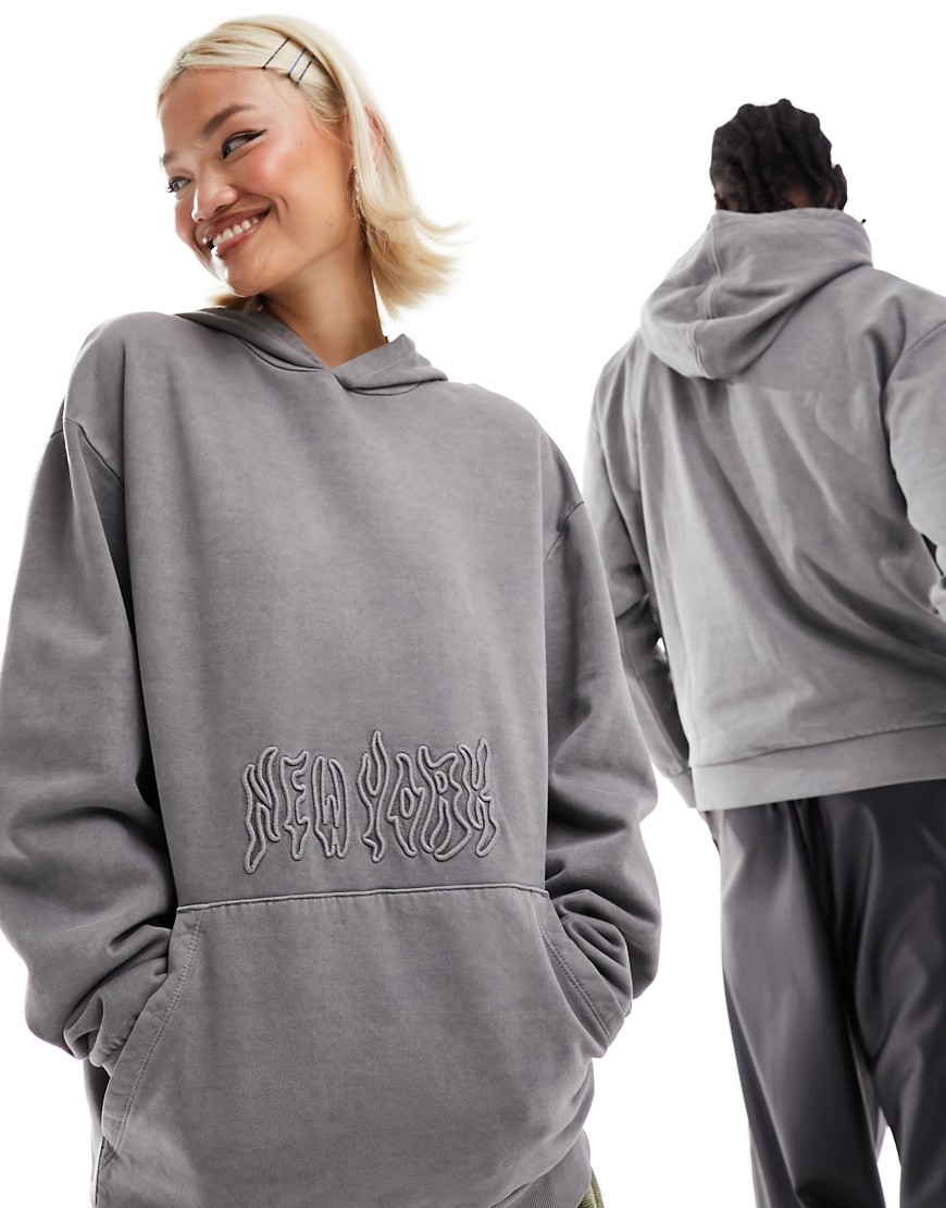 Asos Design Unisex Oversized Hoodie In Washed Gray With New York Embroidery-brown