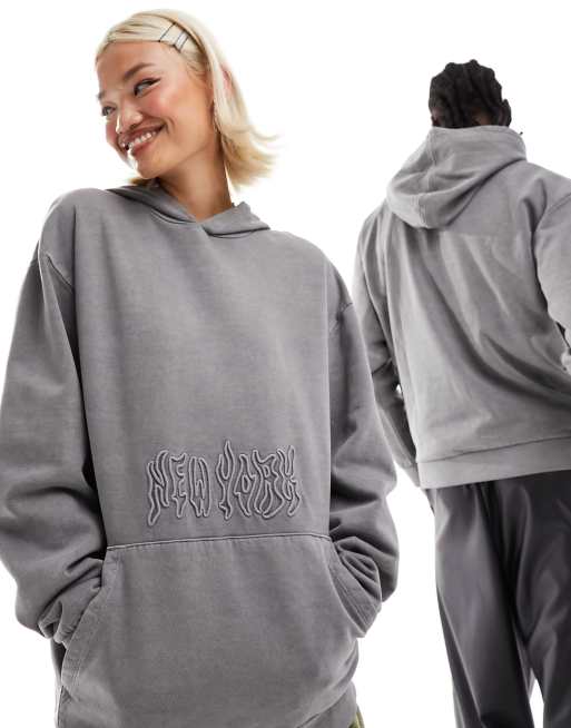 ASOS DESIGN unisex oversized hoodie in washed gray with New York