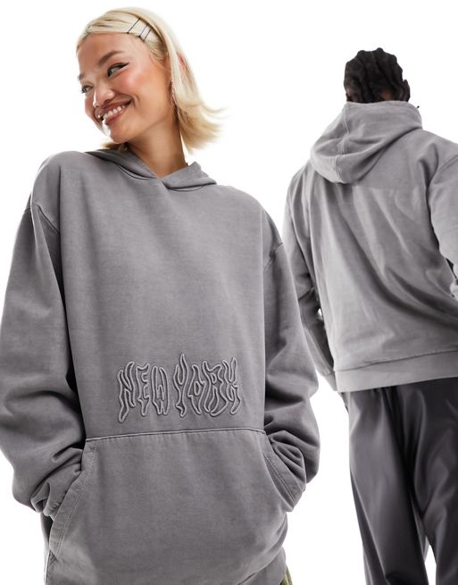 ASOS DESIGN unisex oversized hoodie in washed grey with New York embroidery