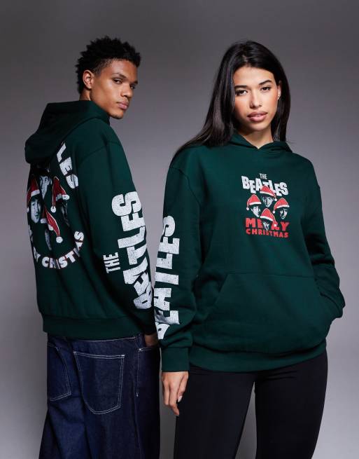 ASOS DESIGN unisex oversized hoodie with Christmas Beatles print in dark green