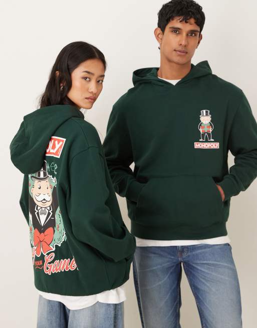 ASOS DESIGN unisex oversized hoodie with Christmas Monopoly print in green, 3 of 4