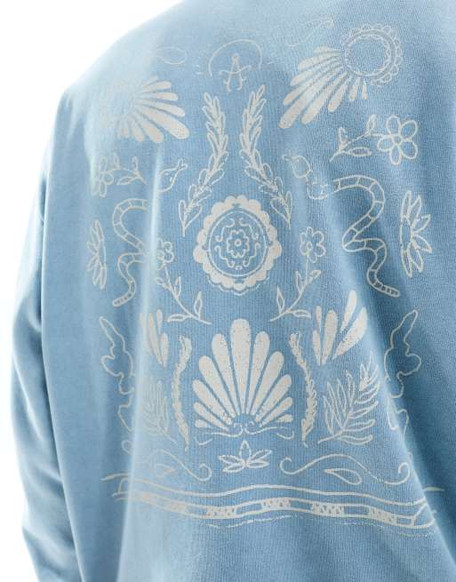 ASOS DESIGN unisex oversized hoodie with floral back print in washed blue, 3 of 4