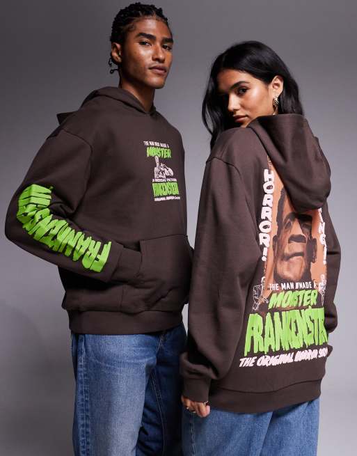ASOS DESIGN unisex oversized hoodie with Frankenstein print in brown