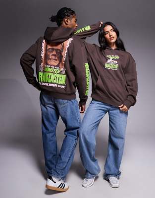 Asos Design Unisex Oversized Hoodie With Frankenstein Prints In Brown