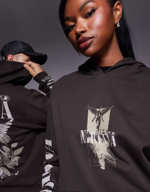ASOS DESIGN unisex oversized hoodie with Nirvana prints in brown