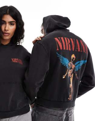 unisex oversized hoodie with Nirvana prints in washed black